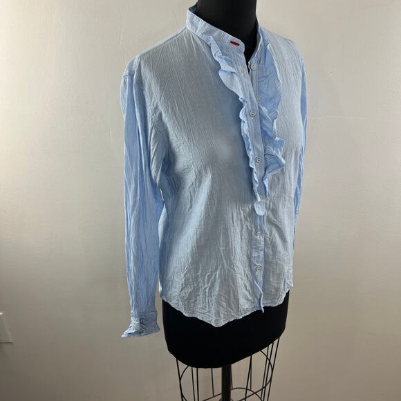 Ines De La Fressange UNI QLO Blue White Top Ruffle Metallic Stripe Size Medium M - Picture 5 of 10